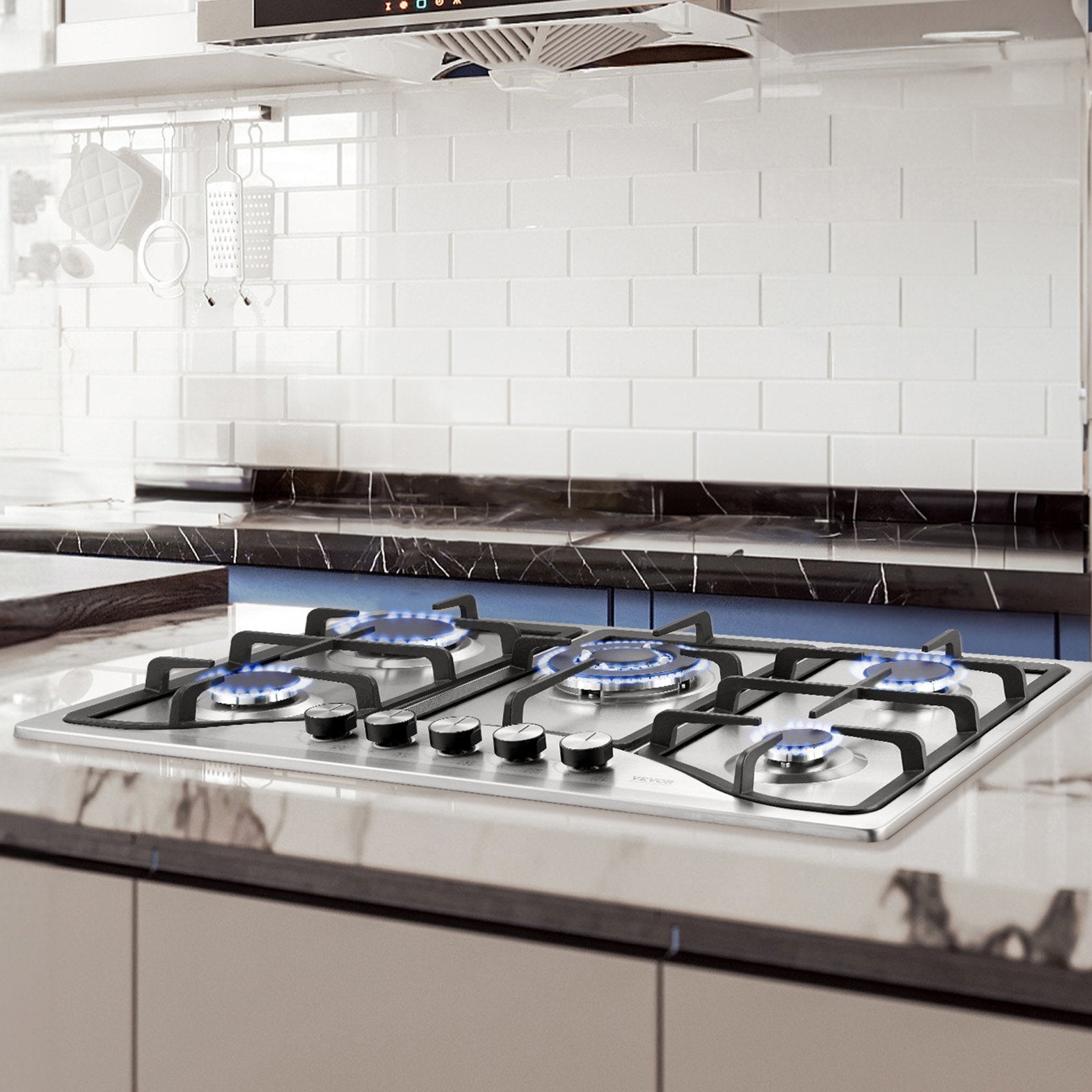 Gas Cooktop 30 Inch, Max 12250BTU 5 Burners Built-in Stainless Steel Gas Stove Top, LPG NG Convertible Dual Fuel Natural Gas Hob With Thermocouple Protection