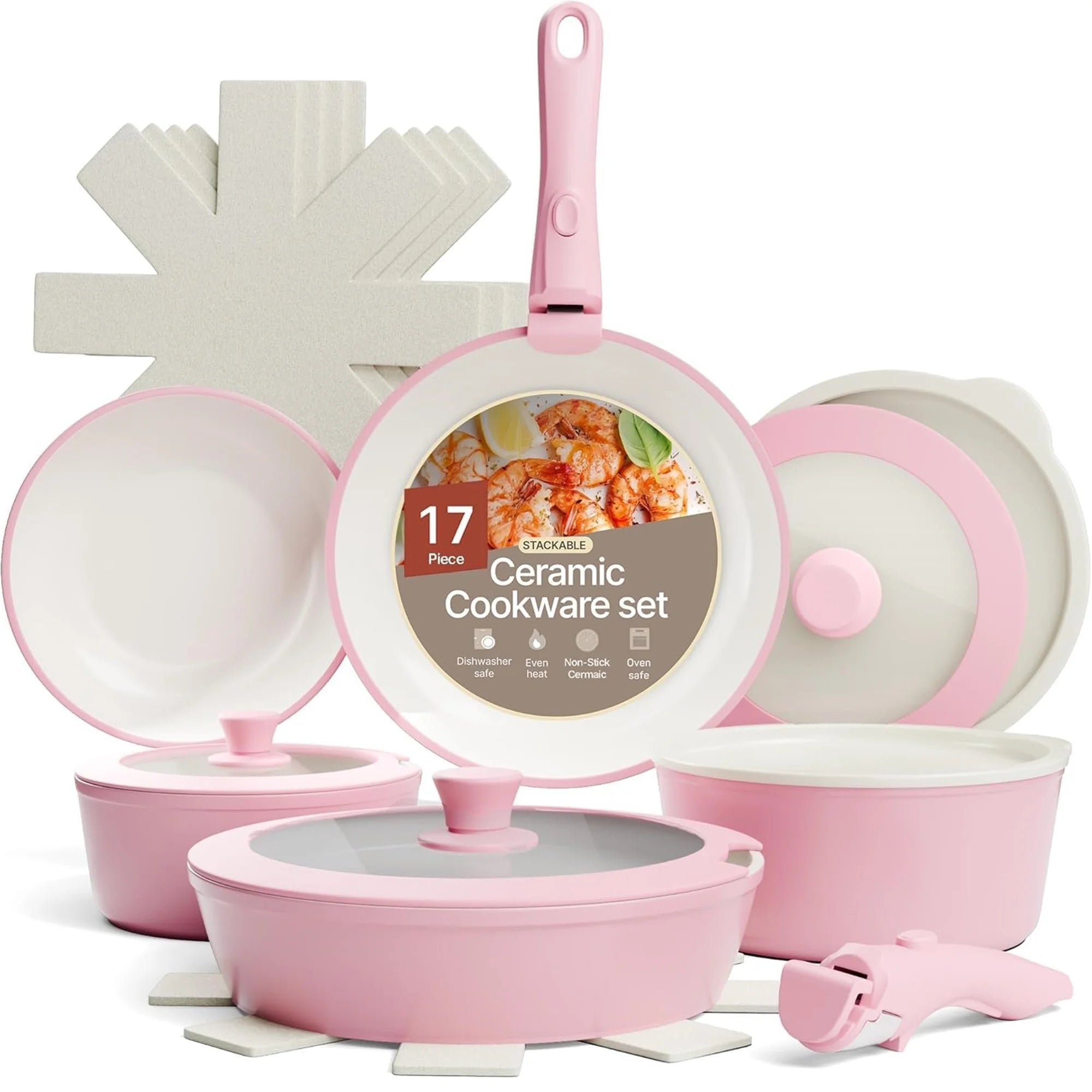 Bakken 17-Piece Ceramic Coated Aluminum Cookware Set, Nonstick Pots & Pans with Lids, Silicone Utensils & Oven Mitts, All-Stovetop Safe to 500°F