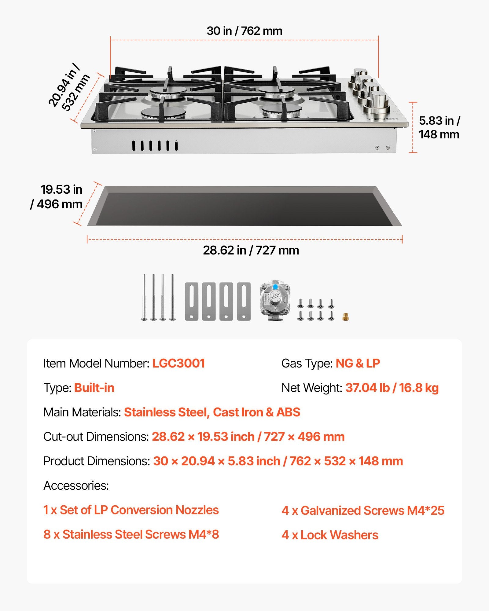 Gas Cooktop, 30 Inch 4 Burners Gas Stove Top, Max 48000BTU Built-in Stainless Steel Stove Top LPG/NG Convertible Dual Fuel Cooktop Stoves With Sealed Burner For Sear, Stew, Boil, Stir-Fry