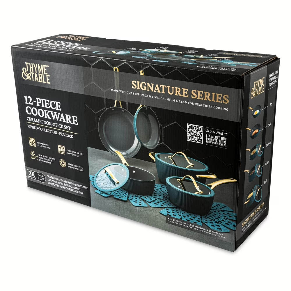 Thyme &amp; Table 12-Piece Ceramic Non-Stick Signature Ribbed Cookware Set, Non-Toxic Pots and Pans Set - Peacock Blue