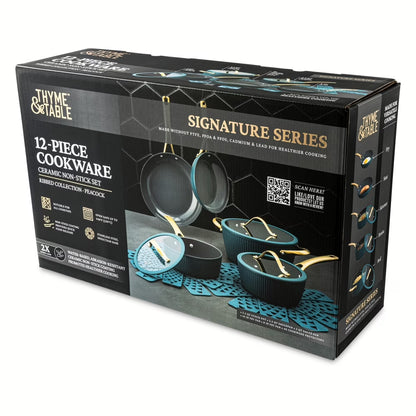 Thyme &amp; Table 12-Piece Ceramic Non-Stick Signature Ribbed Cookware Set, Non-Toxic Pots and Pans Set - Peacock Blue
