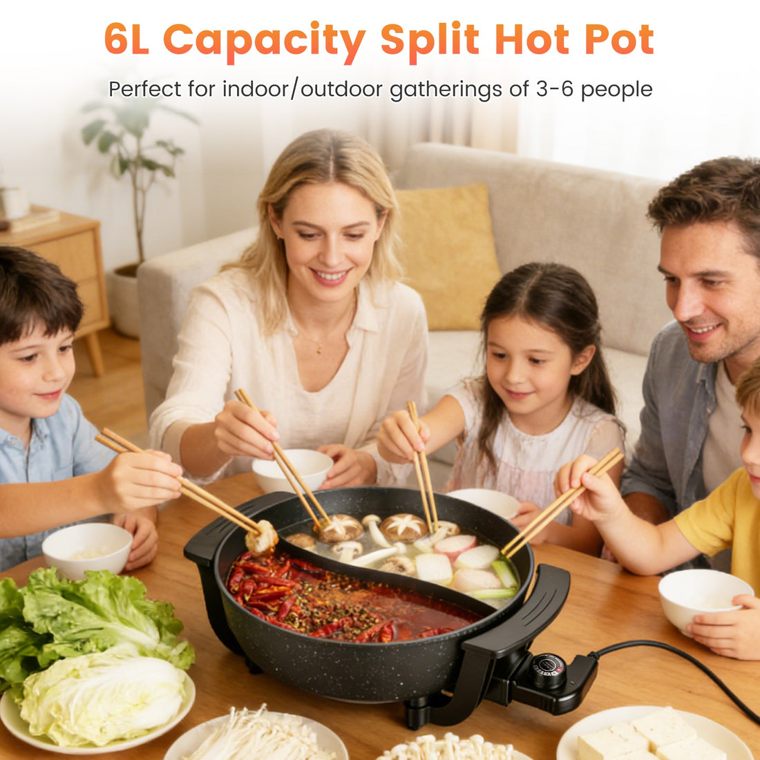 6L Electric Hot Pot With Divider 1100W Dual-Flavor Pot Shabu Shabu Pot Non-Stick With 5-Temp Control For Shabu Shabu Fondue Perfect For Family Gatherings &amp; Parties