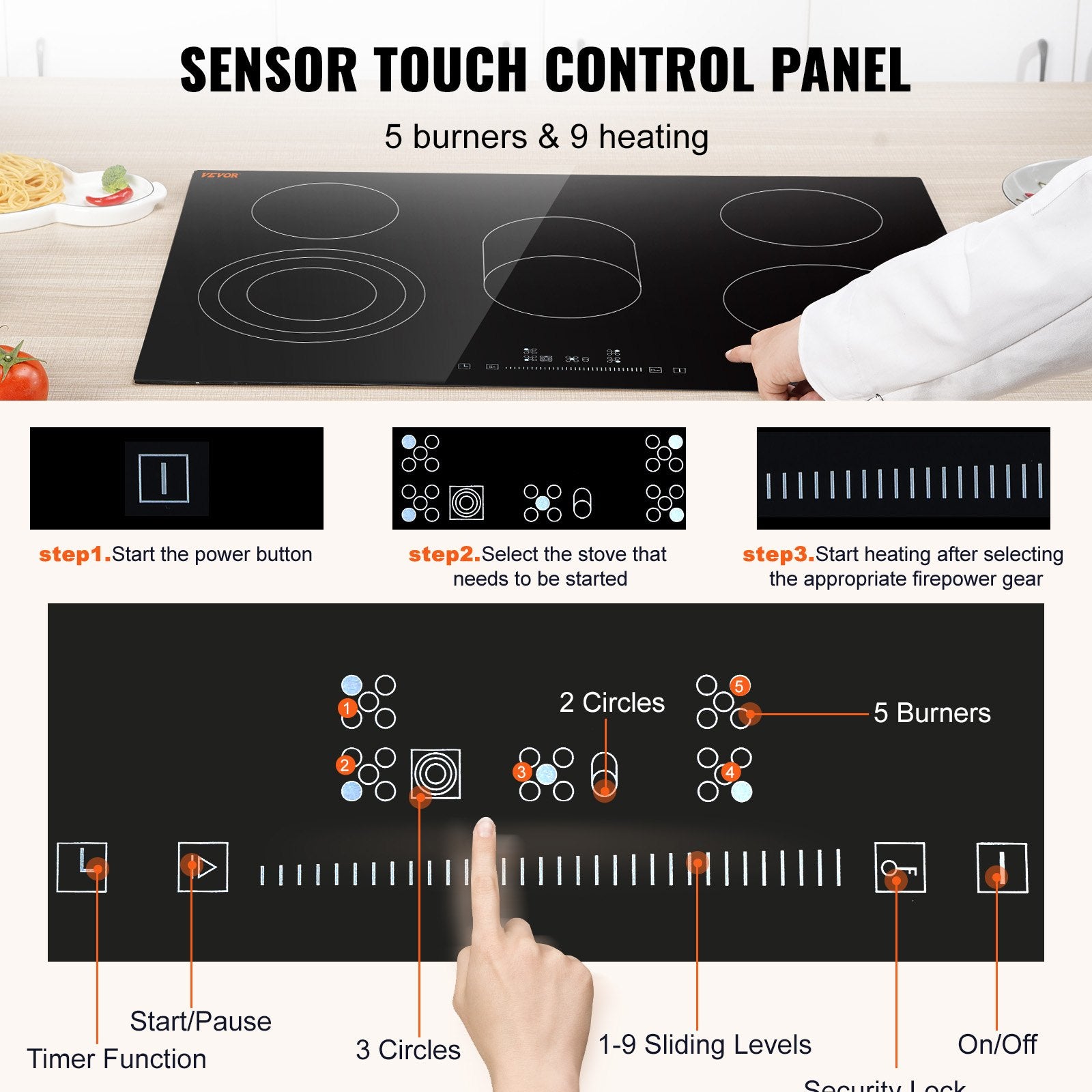 Built In Electric Stove Top, 30.3 X 20.5 Inch 5 Burners, 240V Glass Radiant Cooktop With Sensor Touch Control, Timer &amp; Child Lock Included, 9 Power Levels For Simmer Steam Slow Cook Fry