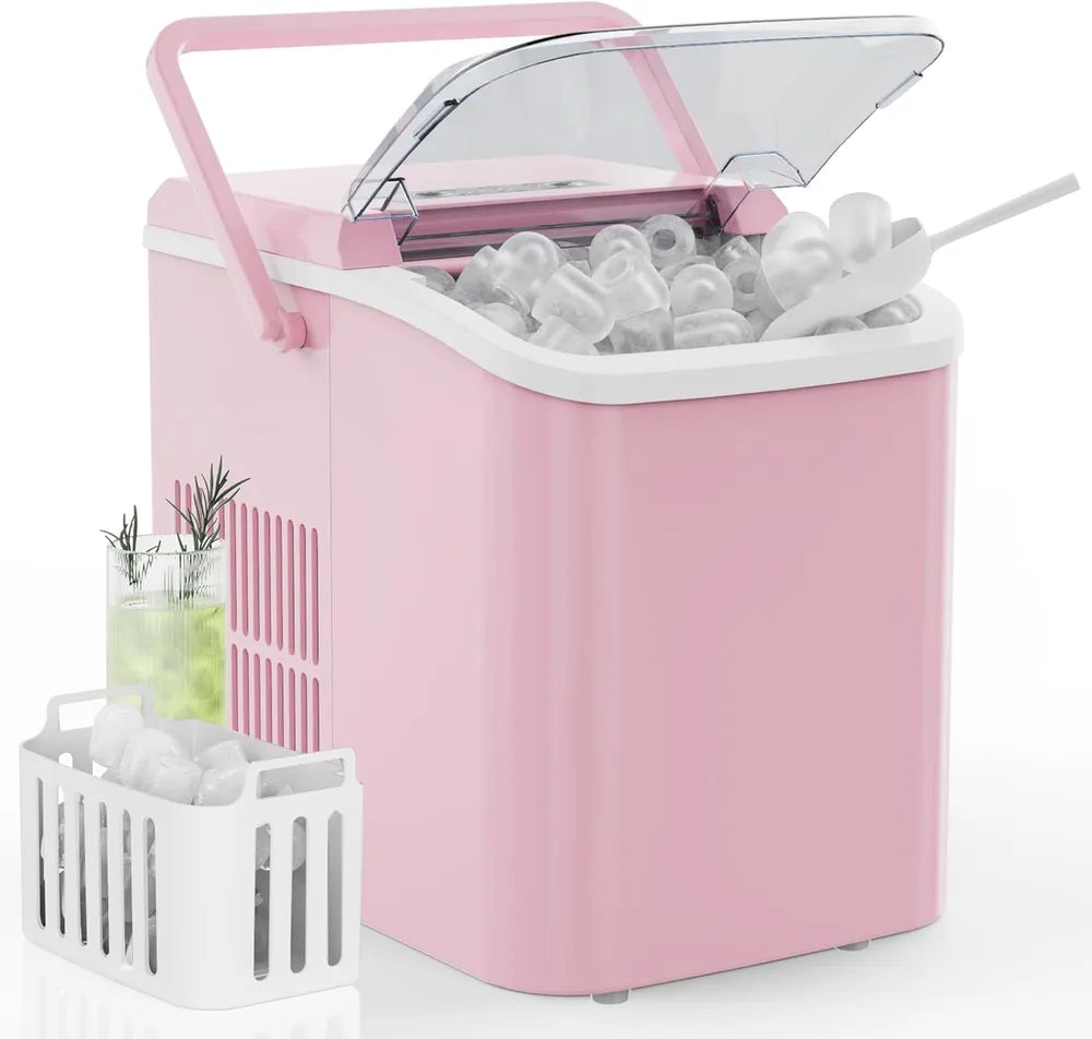 Countertop Ice Maker With Handle, 26lbs&amp;24H Portable Ice Machine, 9 Bullet Ice Cubes Ready In 6 Mins, Self-Cleaning, Quiet Compact Ice Maker For Home, Kitchen, RV, Camping