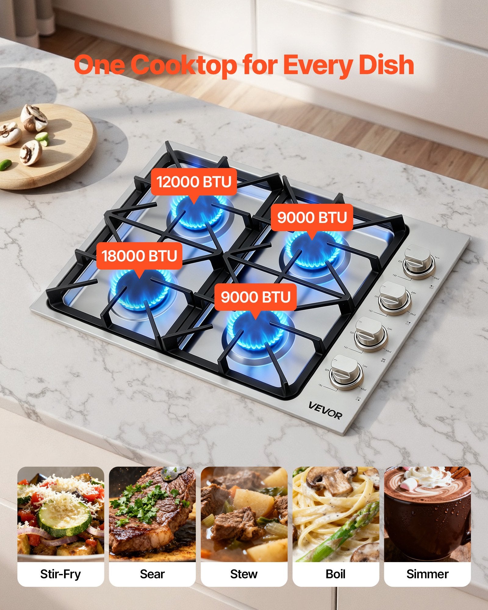 Gas Cooktop, 30 Inch 4 Burners Gas Stove Top, Max 48000BTU Built-in Stainless Steel Stove Top LPG/NG Convertible Dual Fuel Cooktop Stoves With Sealed Burner For Sear, Stew, Boil, Stir-Fry