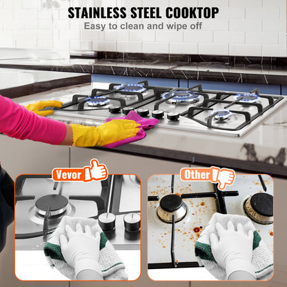 Gas Cooktop 30 Inch, Max 12250BTU 5 Burners Built-in Stainless Steel Gas Stove Top, LPG NG Convertible Dual Fuel Natural Gas Hob With Thermocouple Protection