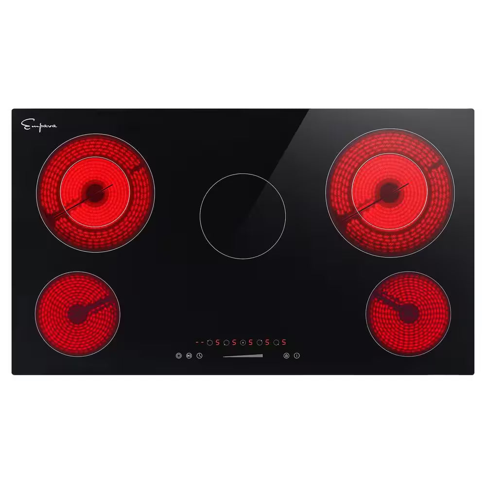 Built In. 36 In. 240V Radiant Electric Cooktop in Black with 5 of Elements Including Dual Element and Warm Zone