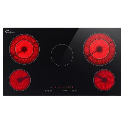Built In. 36 In. 240V Radiant Electric Cooktop in Black with 5 of Elements Including Dual Element and Warm Zone