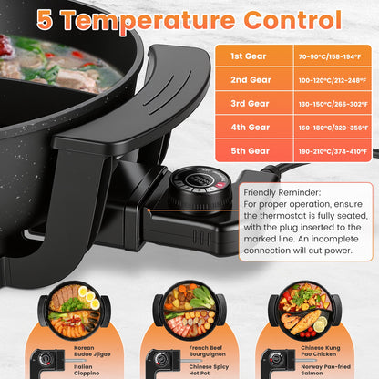 6L Electric Hot Pot With Divider 1100W Dual-Flavor Pot Shabu Shabu Pot Non-Stick With 5-Temp Control For Shabu Shabu Fondue Perfect For Family Gatherings &amp; Parties