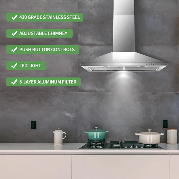 Range Hood 30 Inch,Wall Mount Range Hood In Stainless Steel With Ducted/Ductless Convertible,Stove Vent Hood With Aluminum Filters,3 Speed Exhaust Fan,LED Light,Button Control