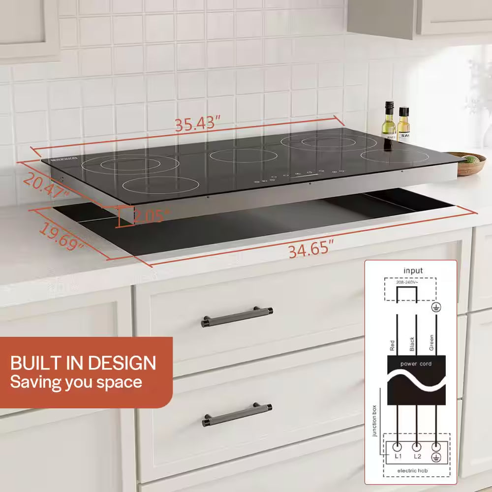Built In. 36 In. 240V Radiant Electric Cooktop in Black with 5 of Elements Including Dual Element and Warm Zone
