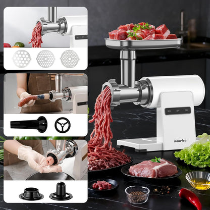 Electric Meat Grinder for Home Use, 2800W Peak Power, Heavy Duty Metal Body with Auto-Reverse, 2 Blades &amp; 3 Grinding Plates, Sausage Stuffer &amp; Kibbeh Kit, Easy Clean, White