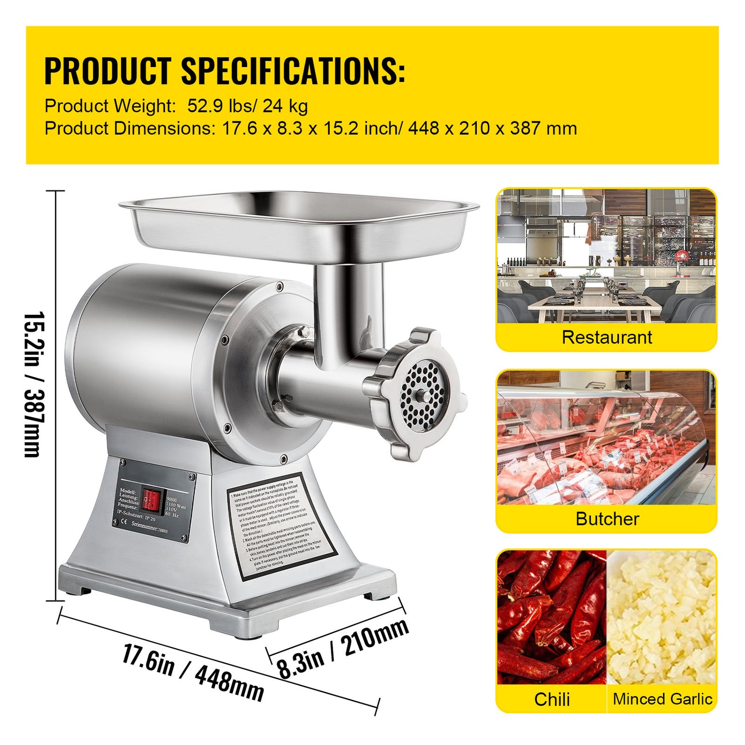Commercial Electric Meat Grinder 300-1260Lb/H Sausage Mincer Stuffer Stainless