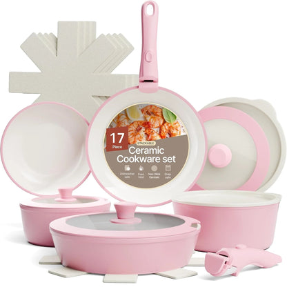 Bakken 17-Piece Ceramic Coated Aluminum Cookware Set, Nonstick Pots &amp; Pans with Lids, Silicone Utensils &amp; Oven Mitts, All-Stovetop Safe to 500°F