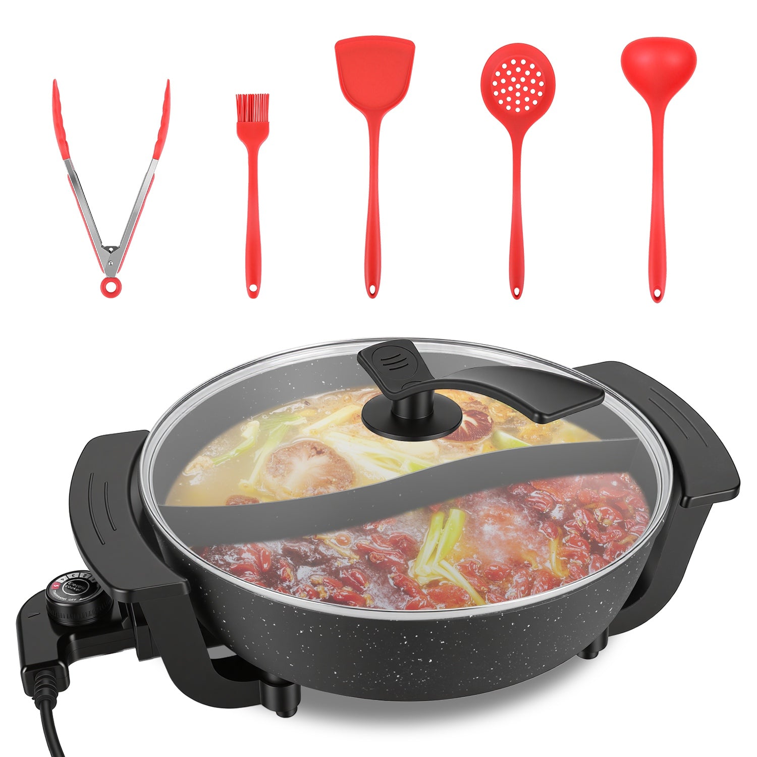 6L Electric Hot Pot With Divider 1100W Dual-Flavor Pot Shabu Shabu Pot Non-Stick With 5-Temp Control For Shabu Shabu Fondue Perfect For Family Gatherings &amp; Parties