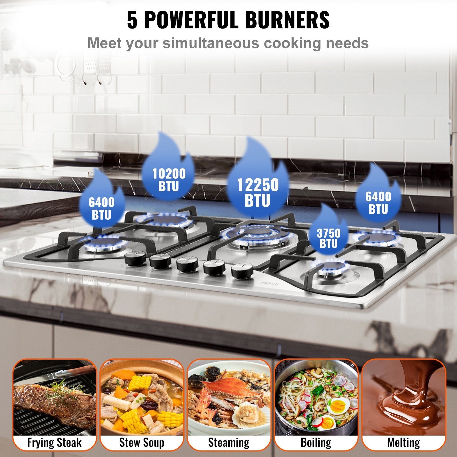 Gas Cooktop 30 Inch, Max 12250BTU 5 Burners Built-in Stainless Steel Gas Stove Top, LPG NG Convertible Dual Fuel Natural Gas Hob With Thermocouple Protection