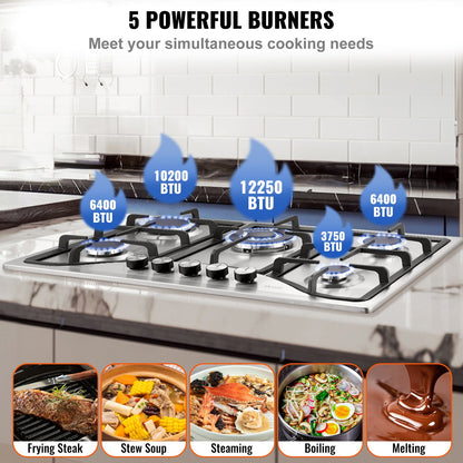 Gas Cooktop 30 Inch, Max 12250BTU 5 Burners Built-in Stainless Steel Gas Stove Top, LPG NG Convertible Dual Fuel Natural Gas Hob With Thermocouple Protection