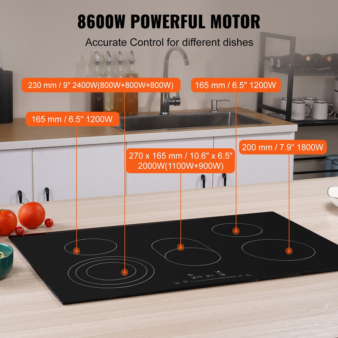 Built In Electric Stove Top, 30.3 X 20.5 Inch 5 Burners, 240V Glass Radiant Cooktop With Sensor Touch Control, Timer &amp; Child Lock Included, 9 Power Levels For Simmer Steam Slow Cook Fry