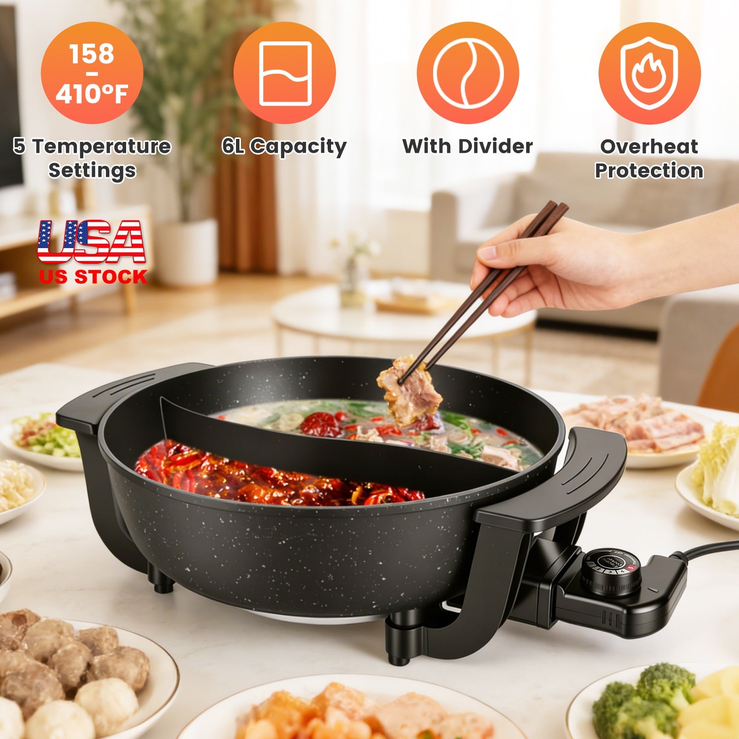 6L Electric Hot Pot With Divider 1100W Dual-Flavor Pot Shabu Shabu Pot Non-Stick With 5-Temp Control For Shabu Shabu Fondue Perfect For Family Gatherings &amp; Parties