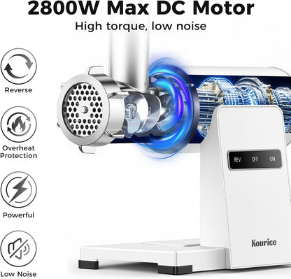 Electric Meat Grinder for Home Use, 2800W Peak Power, Heavy Duty Metal Body with Auto-Reverse, 2 Blades &amp; 3 Grinding Plates, Sausage Stuffer &amp; Kibbeh Kit, Easy Clean, White