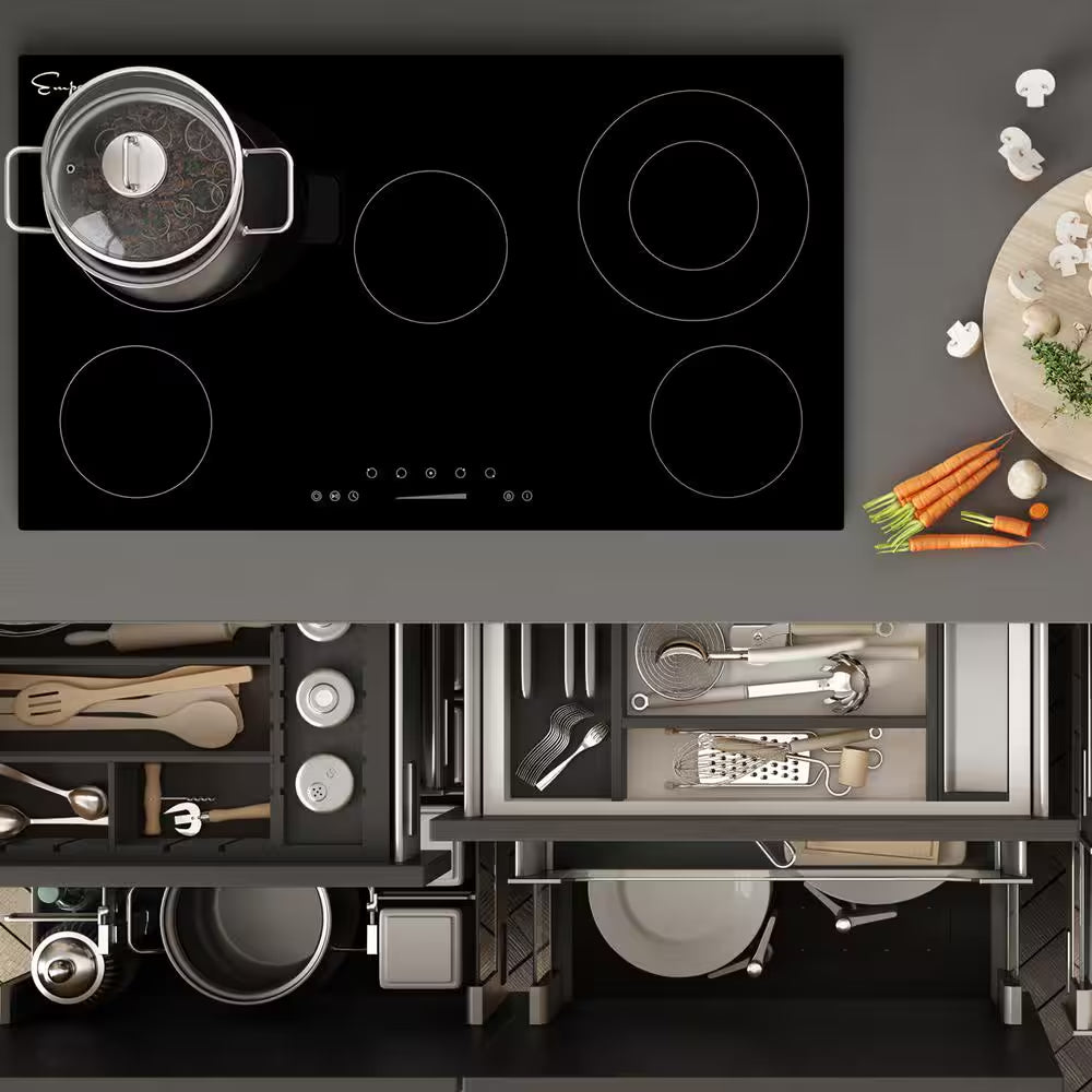 Built In. 36 In. 240V Radiant Electric Cooktop in Black with 5 of Elements Including Dual Element and Warm Zone