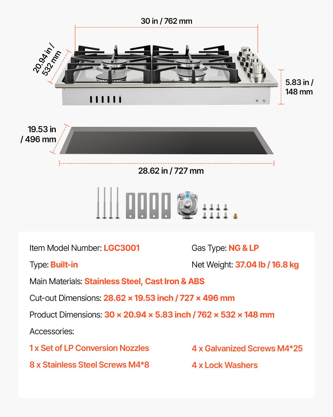 Gas Cooktop, 30 Inch 4 Burners Gas Stove Top, Max 48000BTU Built-in Stainless Steel Stove Top LPG/NG Convertible Dual Fuel Cooktop Stoves With Sealed Burner For Sear, Stew, Boil, Stir-Fry