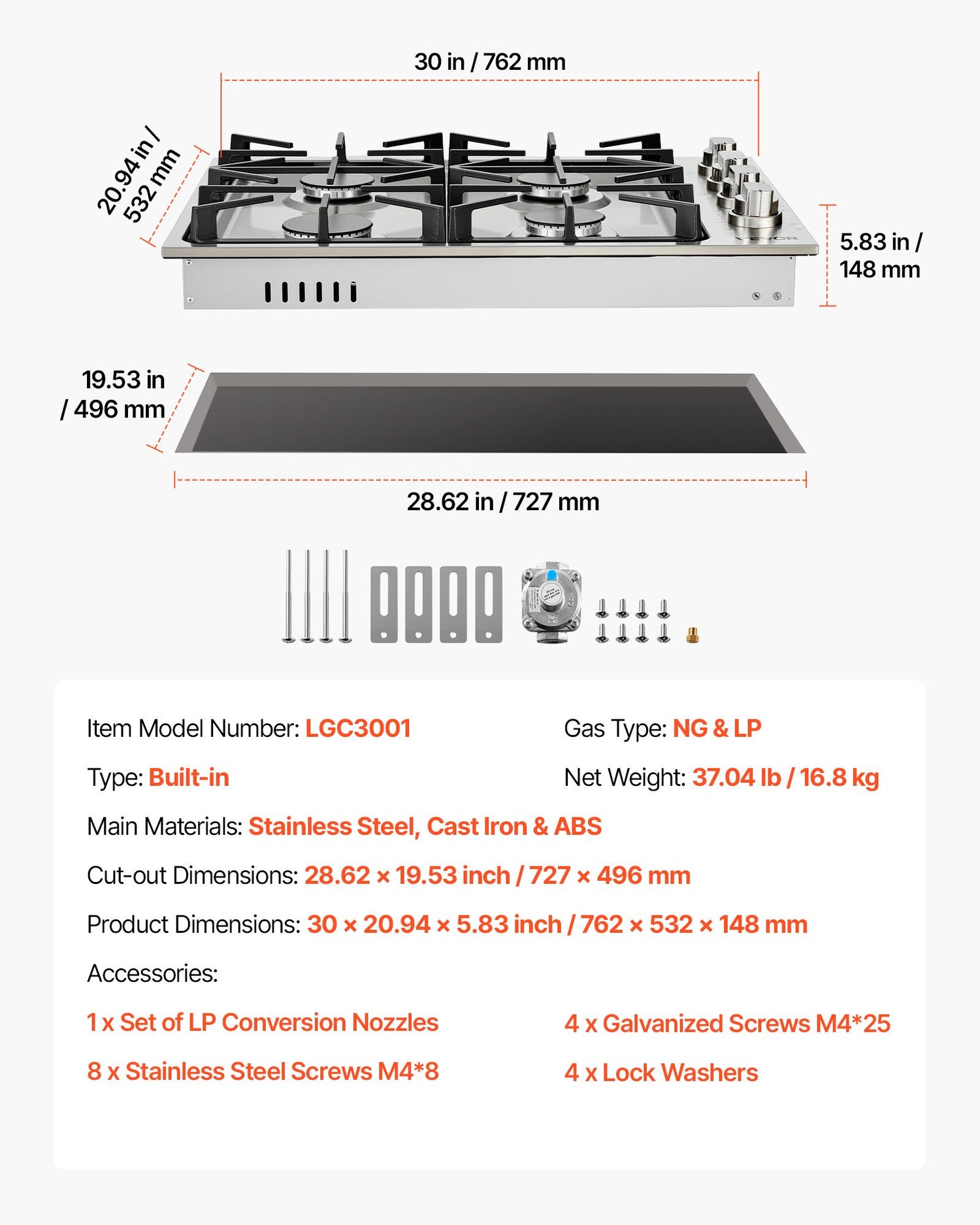 Gas Cooktop, 30 Inch 4 Burners Gas Stove Top, Max 48000BTU Built-in Stainless Steel Stove Top LPG/NG Convertible Dual Fuel Cooktop Stoves With Sealed Burner For Sear, Stew, Boil, Stir-Fry