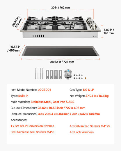 Gas Cooktop, 30 Inch 4 Burners Gas Stove Top, Max 48000BTU Built-in Stainless Steel Stove Top LPG/NG Convertible Dual Fuel Cooktop Stoves With Sealed Burner For Sear, Stew, Boil, Stir-Fry