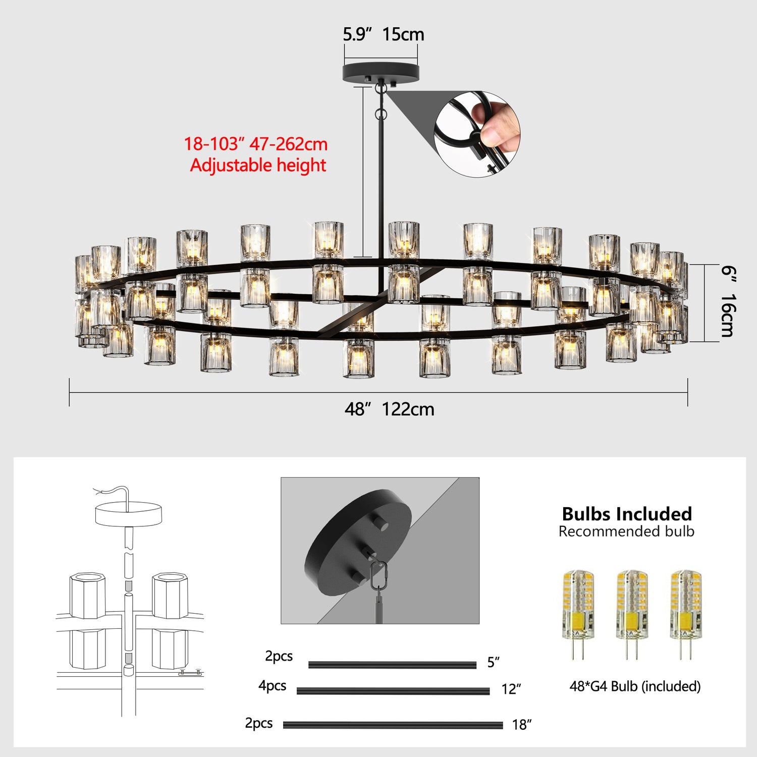 L005030-D48-P48B,W1340P310779,  48 Inches Luxury Chandeliers Crystal Living Room Decorative Lights Simple Modern Dining Room LED Lighting,for Home Decor Black ,Bulbs Included