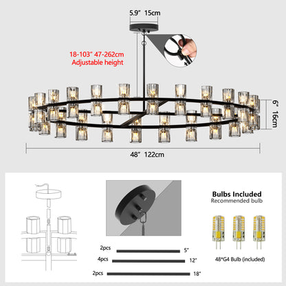 L005030-D48-P48B,W1340P310779,  48 Inches Luxury Chandeliers Crystal Living Room Decorative Lights Simple Modern Dining Room LED Lighting,for Home Decor Black ,Bulbs Included