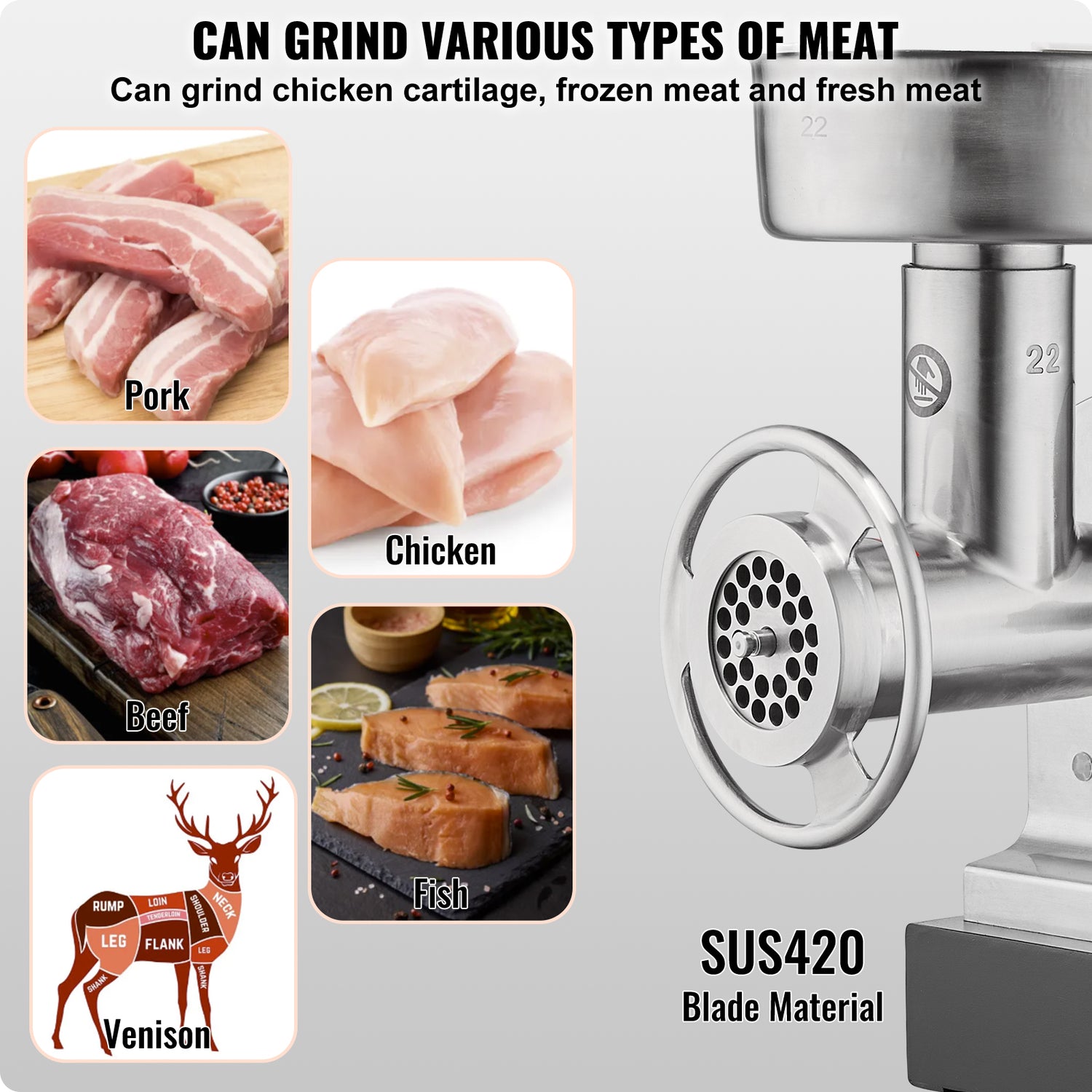 Commercial Electric Meat Grinder 300-1260Lb/H Sausage Mincer Stuffer Stainless