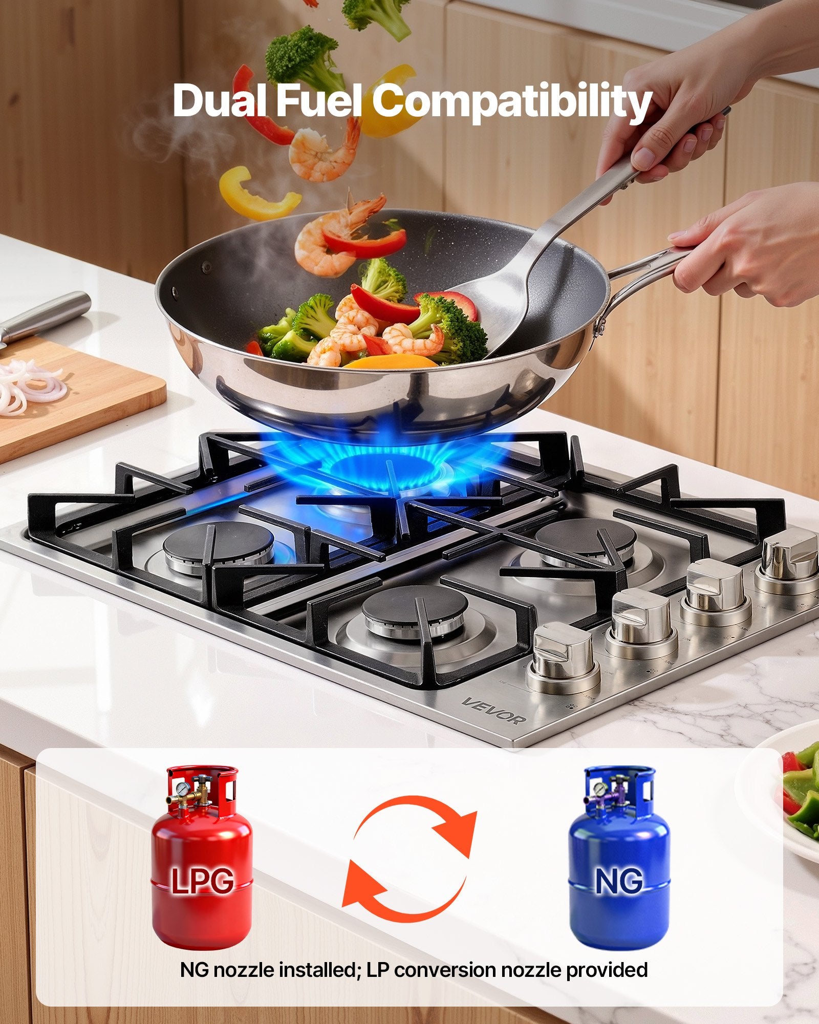 Gas Cooktop, 30 Inch 4 Burners Gas Stove Top, Max 48000BTU Built-in Stainless Steel Stove Top LPG/NG Convertible Dual Fuel Cooktop Stoves With Sealed Burner For Sear, Stew, Boil, Stir-Fry