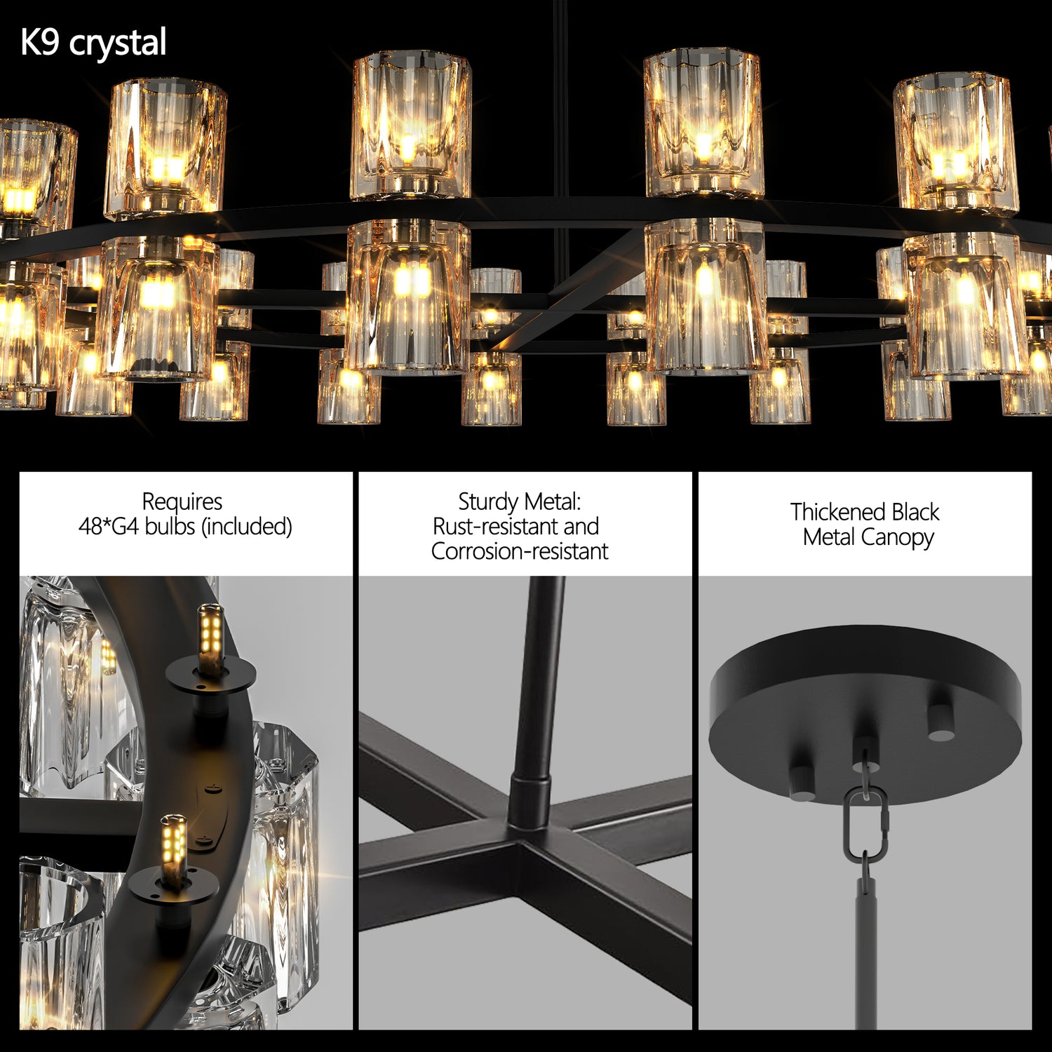 L005030-D48-P48B,W1340P310779,  48 Inches Luxury Chandeliers Crystal Living Room Decorative Lights Simple Modern Dining Room LED Lighting,for Home Decor Black ,Bulbs Included