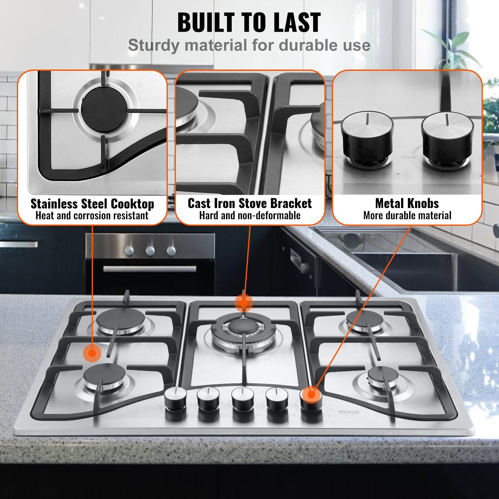 Gas Cooktop 30 Inch, Max 12250BTU 5 Burners Built-in Stainless Steel Gas Stove Top, LPG NG Convertible Dual Fuel Natural Gas Hob With Thermocouple Protection