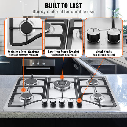Gas Cooktop 30 Inch, Max 12250BTU 5 Burners Built-in Stainless Steel Gas Stove Top, LPG NG Convertible Dual Fuel Natural Gas Hob With Thermocouple Protection