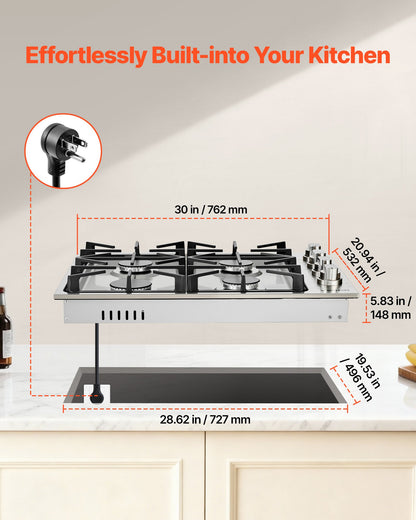 Gas Cooktop, 30 Inch 4 Burners Gas Stove Top, Max 48000BTU Built-in Stainless Steel Stove Top LPG/NG Convertible Dual Fuel Cooktop Stoves With Sealed Burner For Sear, Stew, Boil, Stir-Fry
