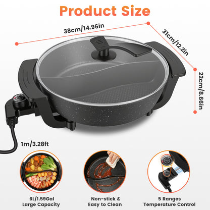 6L Electric Hot Pot With Divider 1100W Dual-Flavor Pot Shabu Shabu Pot Non-Stick With 5-Temp Control For Shabu Shabu Fondue Perfect For Family Gatherings &amp; Parties