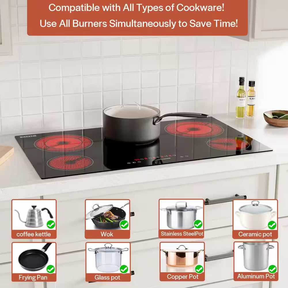 Built In. 36 In. 240V Radiant Electric Cooktop in Black with 5 of Elements Including Dual Element and Warm Zone