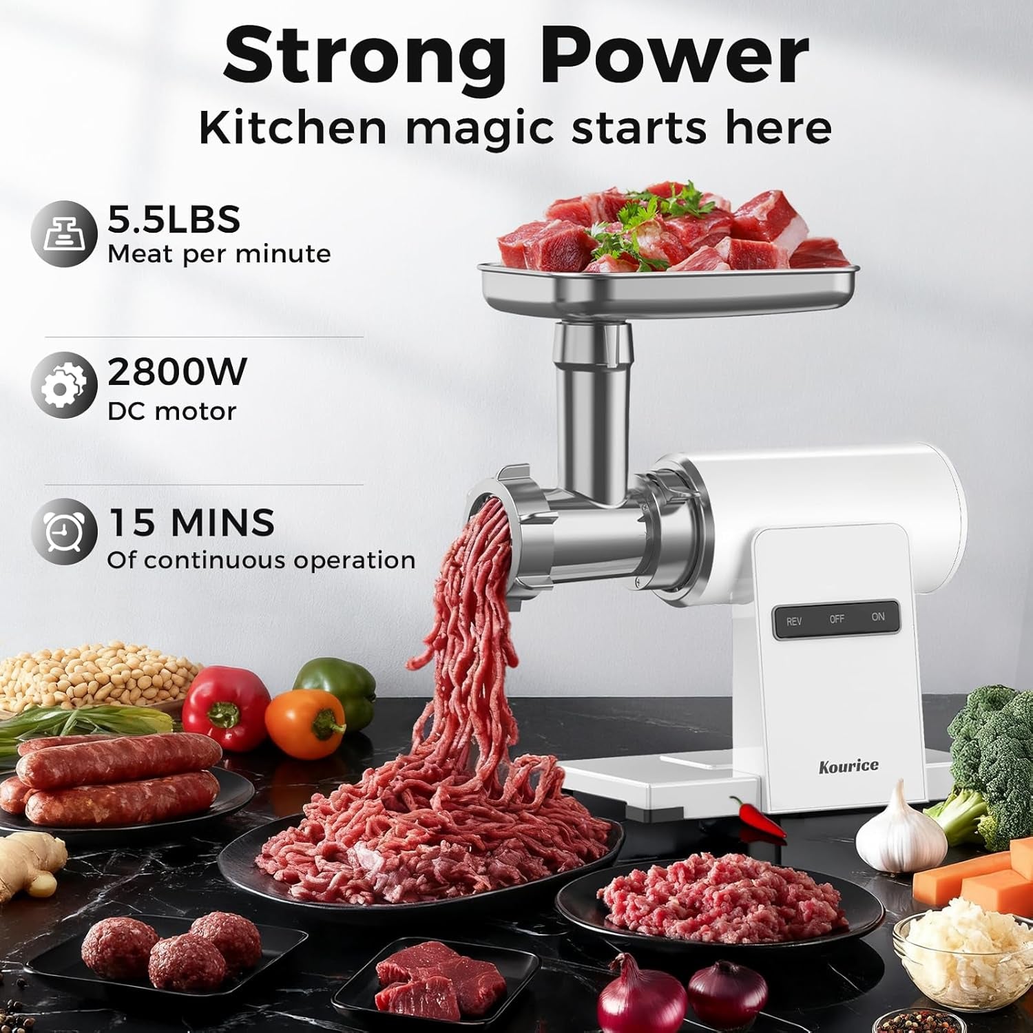 Electric Meat Grinder for Home Use, 2800W Peak Power, Heavy Duty Metal Body with Auto-Reverse, 2 Blades &amp; 3 Grinding Plates, Sausage Stuffer &amp; Kibbeh Kit, Easy Clean, White