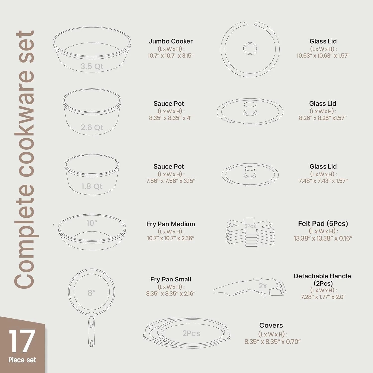 Bakken 17-Piece Ceramic Coated Aluminum Cookware Set, Nonstick Pots &amp; Pans with Lids, Silicone Utensils &amp; Oven Mitts, All-Stovetop Safe to 500°F
