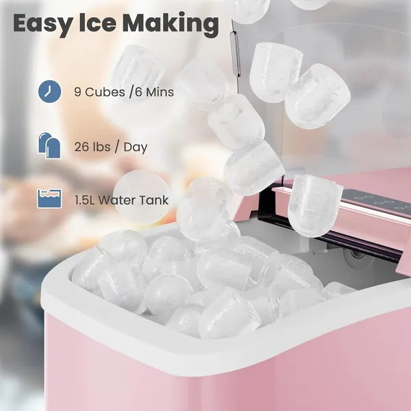 Countertop Ice Maker With Handle, 26lbs&amp;24H Portable Ice Machine, 9 Bullet Ice Cubes Ready In 6 Mins, Self-Cleaning, Quiet Compact Ice Maker For Home, Kitchen, RV, Camping