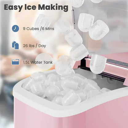 Countertop Ice Maker With Handle, 26lbs&amp;24H Portable Ice Machine, 9 Bullet Ice Cubes Ready In 6 Mins, Self-Cleaning, Quiet Compact Ice Maker For Home, Kitchen, RV, Camping