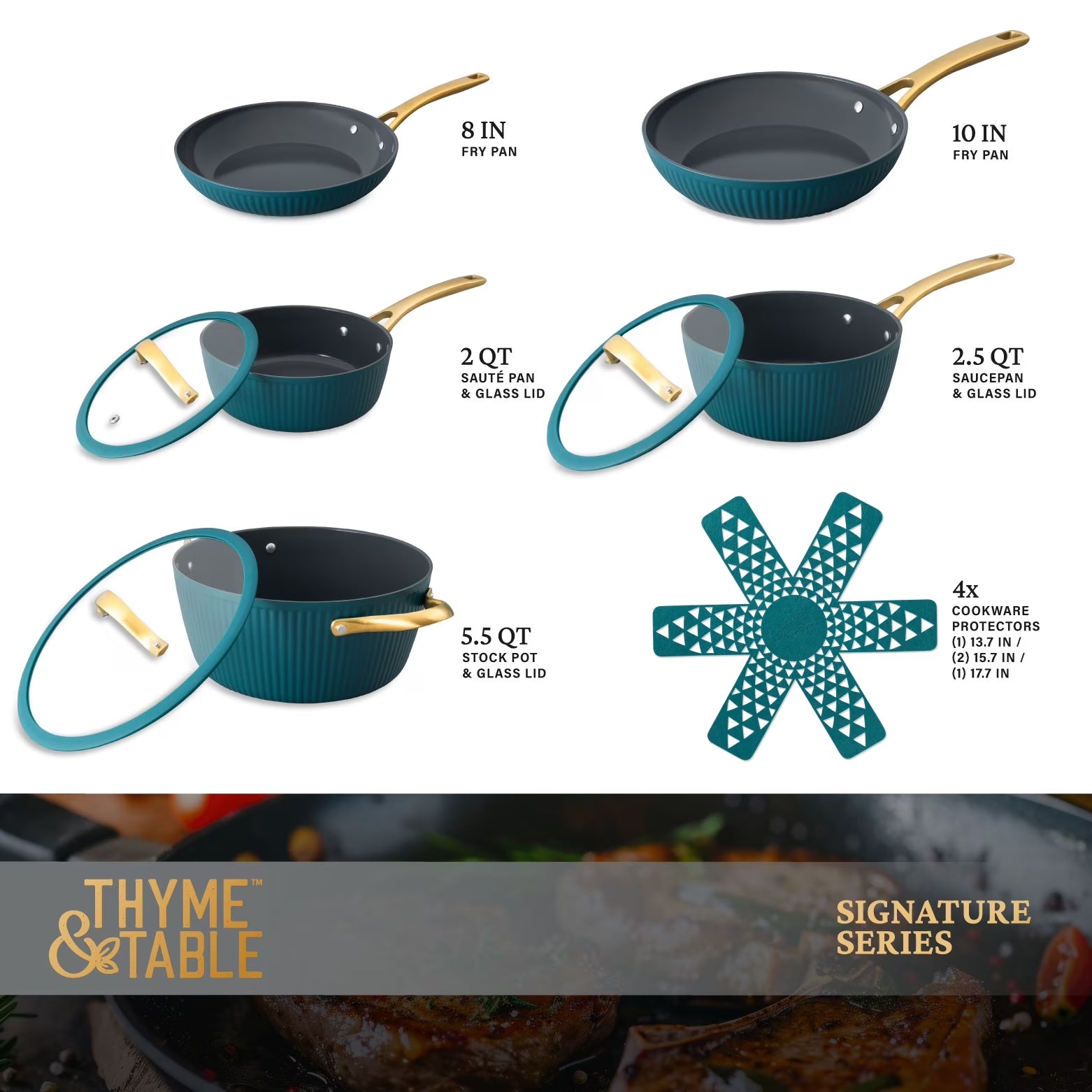 Thyme &amp; Table 12-Piece Ceramic Non-Stick Signature Ribbed Cookware Set, Non-Toxic Pots and Pans Set - Peacock Blue