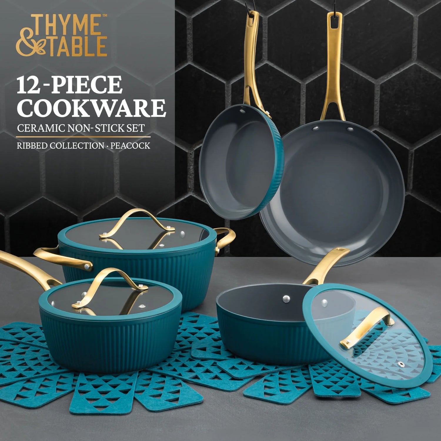 Thyme &amp; Table 12-Piece Ceramic Non-Stick Signature Ribbed Cookware Set, Non-Toxic Pots and Pans Set - Peacock Blue