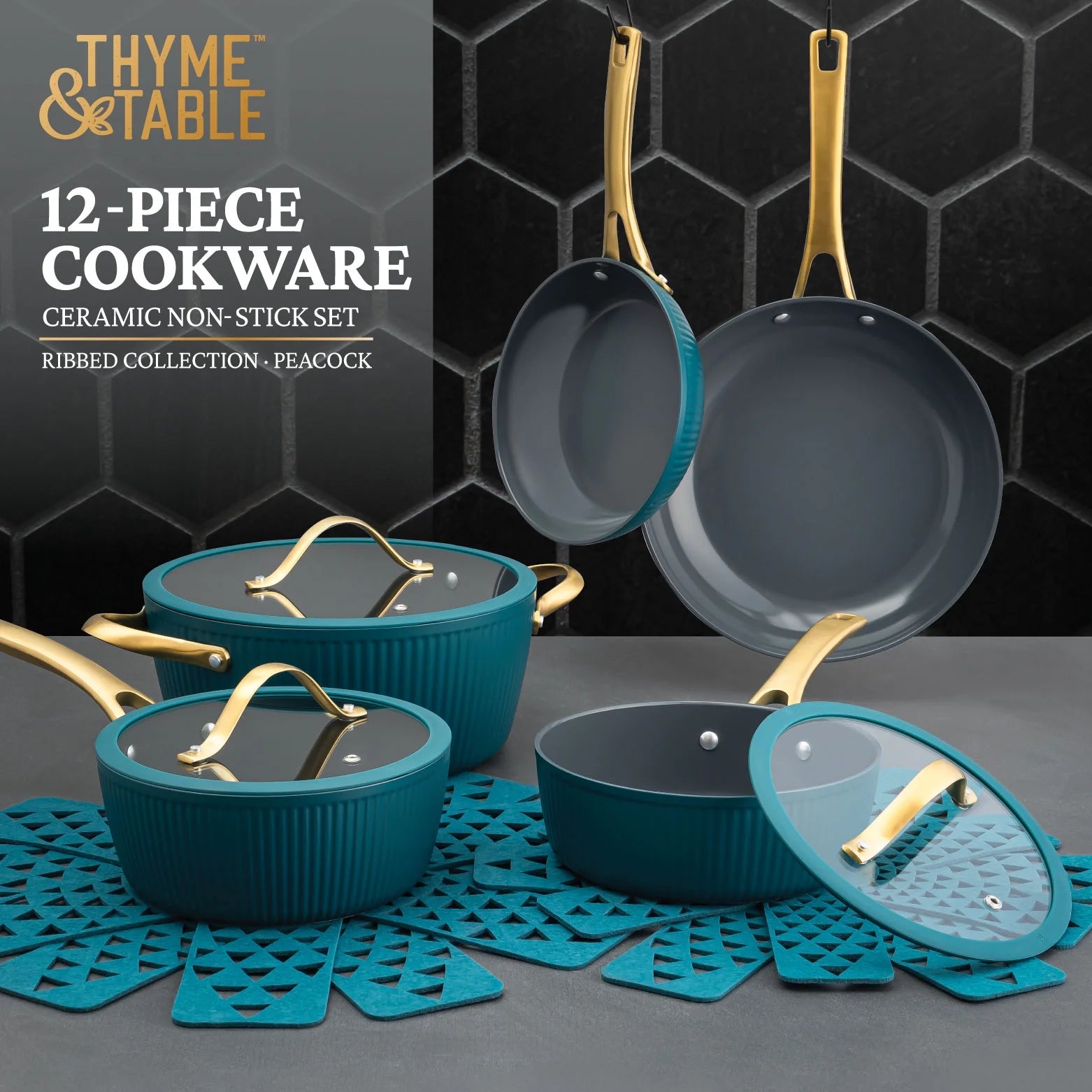 Thyme &amp; Table 12-Piece Ceramic Non-Stick Signature Ribbed Cookware Set, Non-Toxic Pots and Pans Set - Peacock Blue