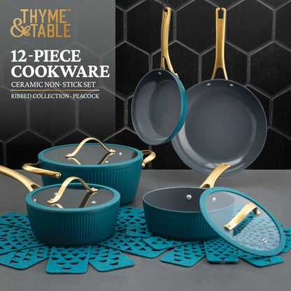 Thyme &amp; Table 12-Piece Ceramic Non-Stick Signature Ribbed Cookware Set, Non-Toxic Pots and Pans Set - Peacock Blue