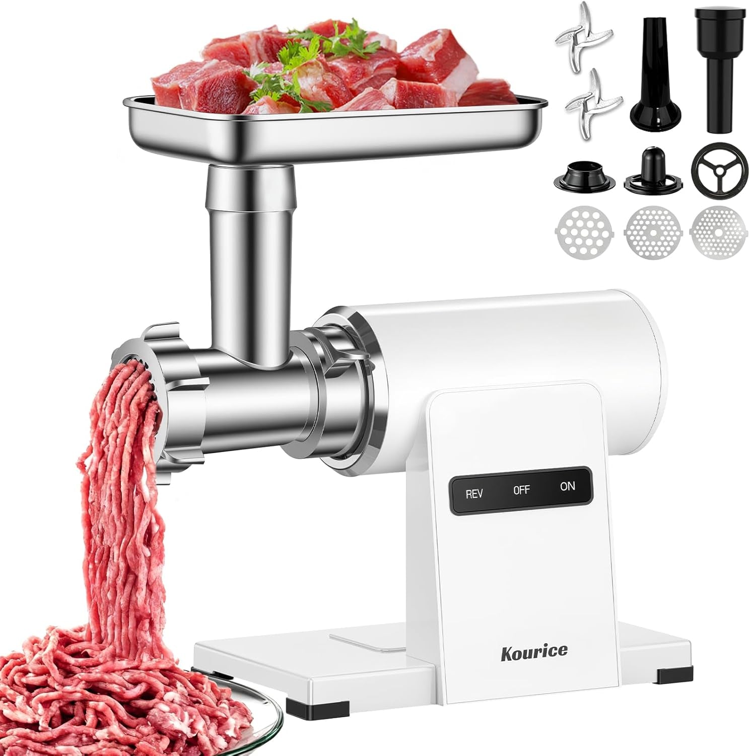 Electric Meat Grinder for Home Use, 2800W Peak Power, Heavy Duty Metal Body with Auto-Reverse, 2 Blades &amp; 3 Grinding Plates, Sausage Stuffer &amp; Kibbeh Kit, Easy Clean, White