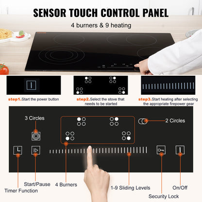 Built In Electric Stove Top, 30.3 X 20.5 Inch 4 Burners, 240V Glass Radiant Cooktop With Sensor Touch Control, Timer &amp; Child Lock Included, 9 Power Levels For Simmer Steam Slow Cook Fry