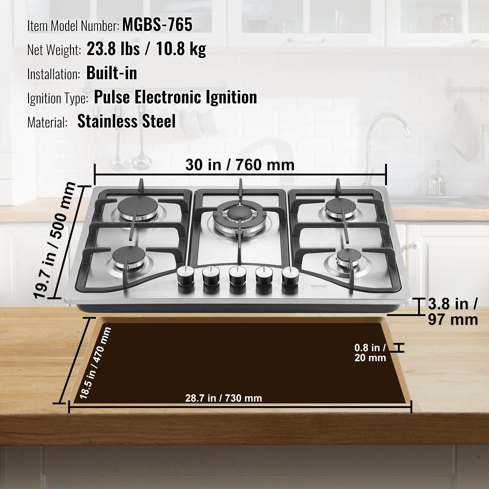 Gas Cooktop 30 Inch, Max 12250BTU 5 Burners Built-in Stainless Steel Gas Stove Top, LPG NG Convertible Dual Fuel Natural Gas Hob With Thermocouple Protection