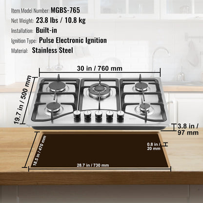 Gas Cooktop 30 Inch, Max 12250BTU 5 Burners Built-in Stainless Steel Gas Stove Top, LPG NG Convertible Dual Fuel Natural Gas Hob With Thermocouple Protection